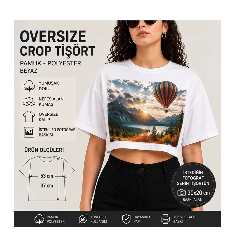 Oversize Pamuk - Polyester Beyaz Crop Tişört